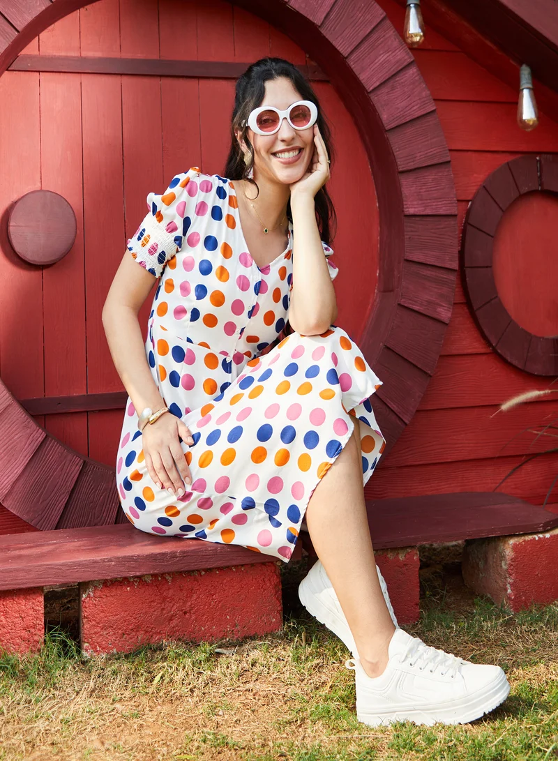 بينيا كولادا Women's Multicolour Polka Dot Dress For Casual Wear | V Neck | Short Sleeve | Button Closure | Dress Designed With Comfort Fit For Woman & Girls